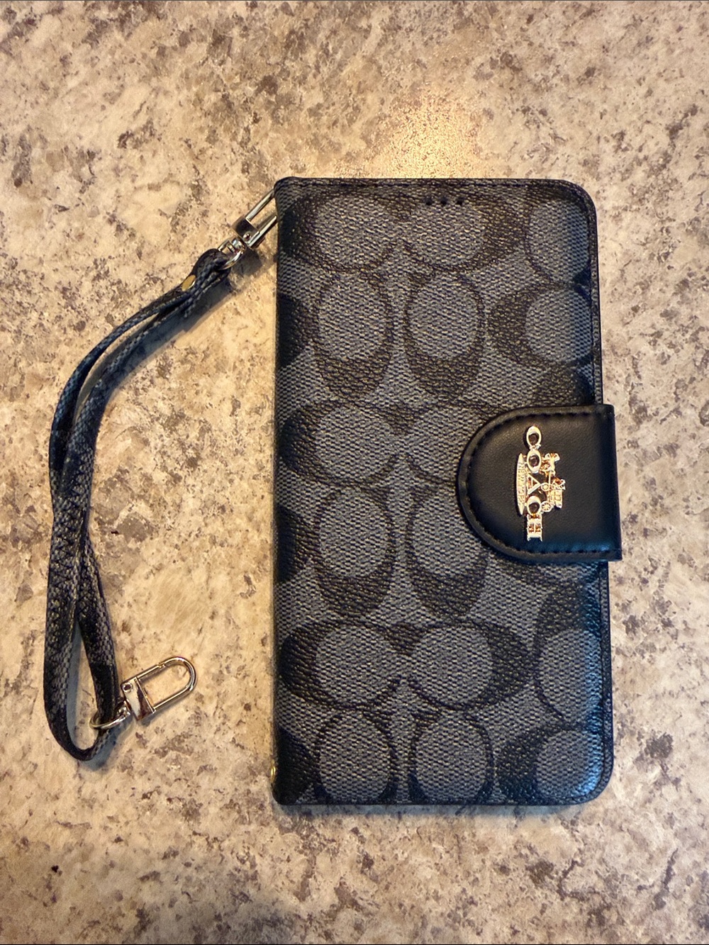 Coach Black Signature Canvas Wristlet Phone Folio with Wrist Strap